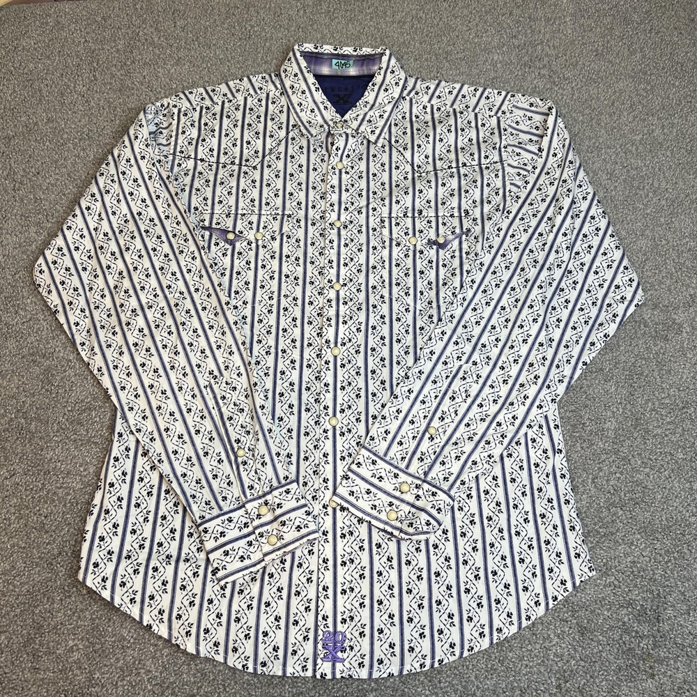 Twenty X Shirt Mens Large White Navy Western Pearl Snap Floral Embroidered Rodeo